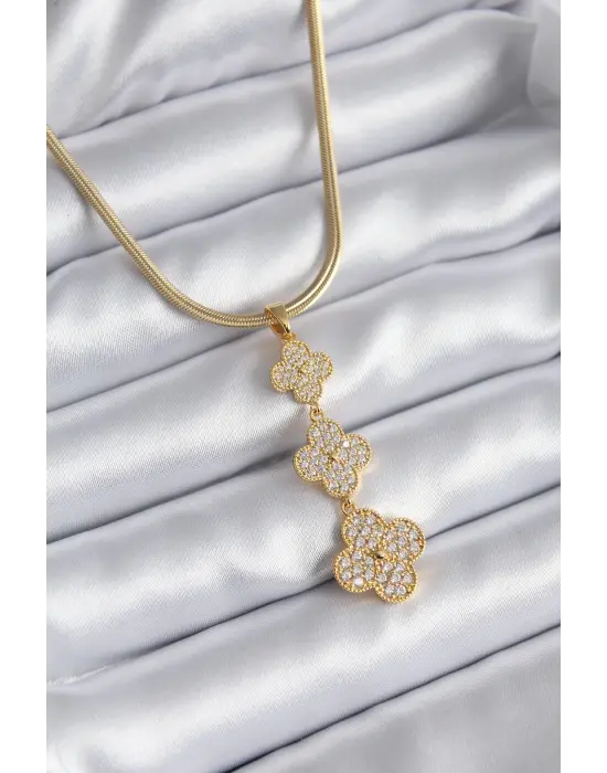  Altın  İtalyan Zincir Zirkon Taşlı Yonca Model  Çelik Kolye