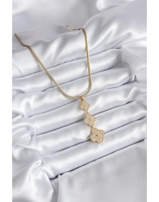  Altın  İtalyan Zincir Zirkon Taşlı Yonca Model  Çelik Kolye