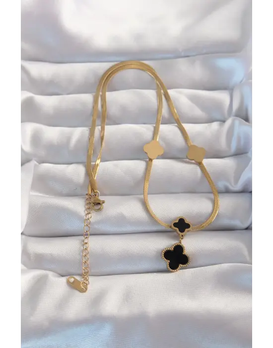  Altın  İtalyan Zincirli Mineli Yonca Çelik Kolye