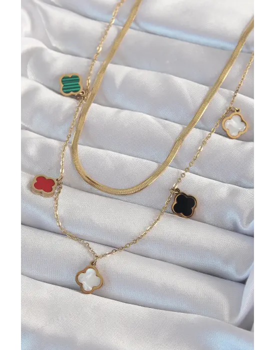  Altın  İtalyan Zincirli li Mineli Çoklu Yonca Çelik Kolye