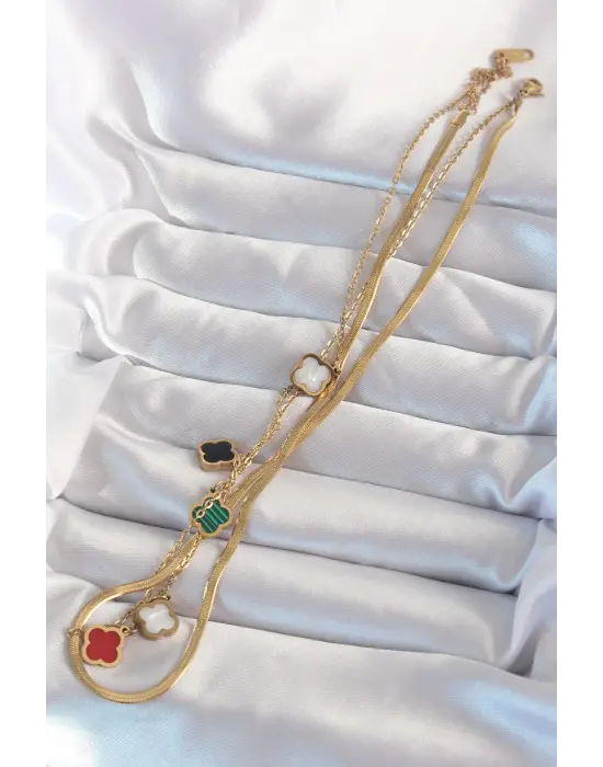  Altın  İtalyan Zincirli li Mineli Çoklu Yonca Çelik Kolye