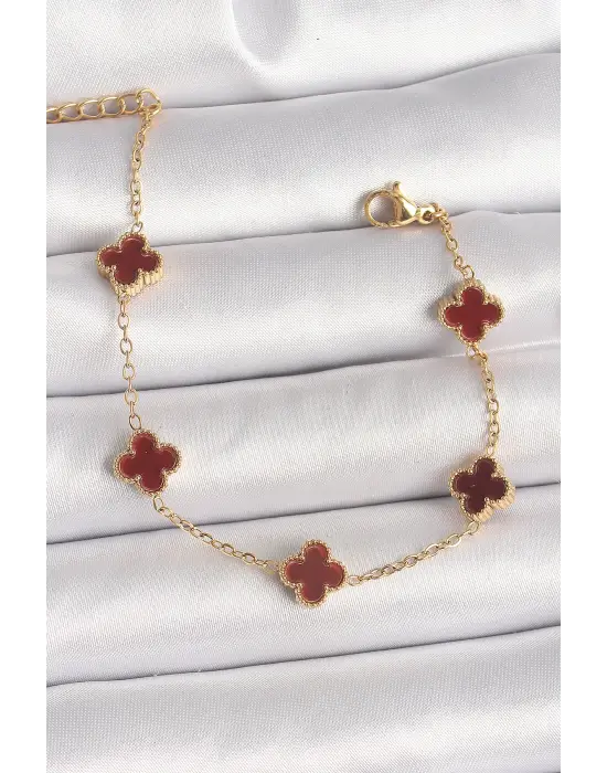 316L Çelik Gold Renk Kahverengi Yonca Model Kadın Bileklik