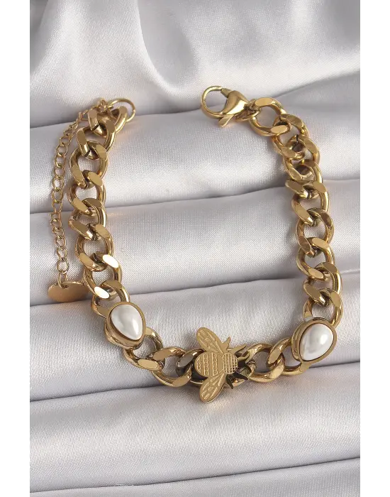 316L Çelik Gold Renk Kalın Zincir Model Arı Figür Damla İnci Detay Kadın Bileklik