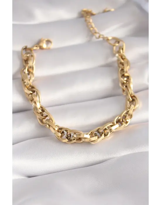 316L Çelik Gold Renk Kalın Zincir Model Kadın Bileklik