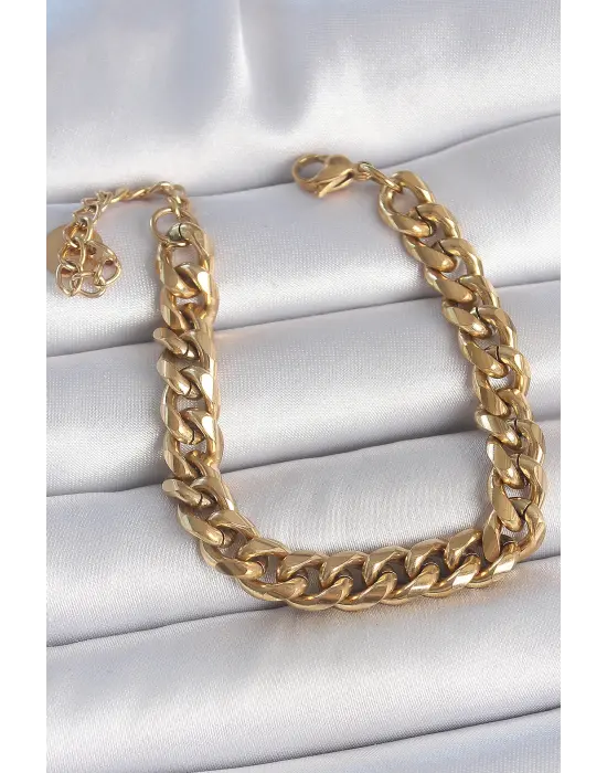 316L Çelik Gold Renk Kalın Zincir Model Kadın Bileklik