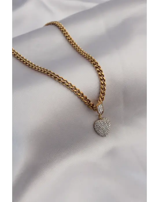 316L Çelik Gold Renk Kalın Zincir Model Kalp Figür Zirkon Taşlı Kadın Kolye