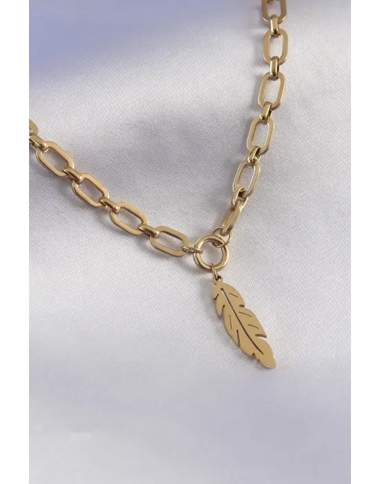 316L Çelik Gold Renk Kalın Zincir Model Yaprak Model Kadın Kolye