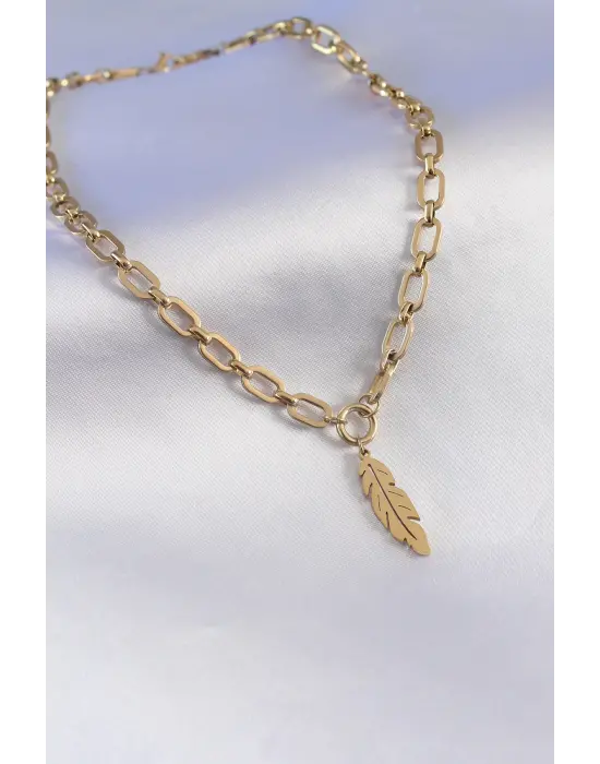 316L Çelik Gold Renk Kalın Zincir Model Yaprak Model Kadın Kolye