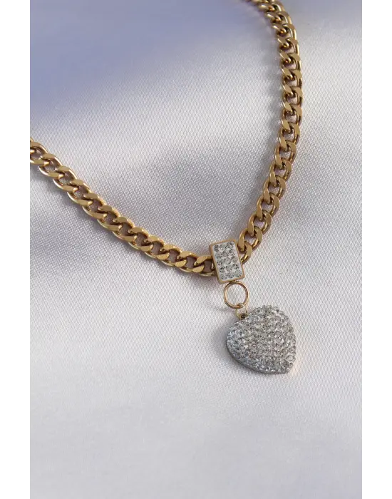 316L Çelik Gold Renk Kalın Zincir Model Zirkon Taşlı Kalp Figür Kadın Kolye
