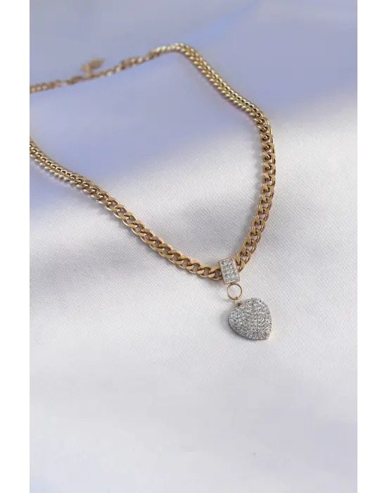 316L Çelik Gold Renk Kalın Zincir Model Zirkon Taşlı Kalp Figür Kadın Kolye