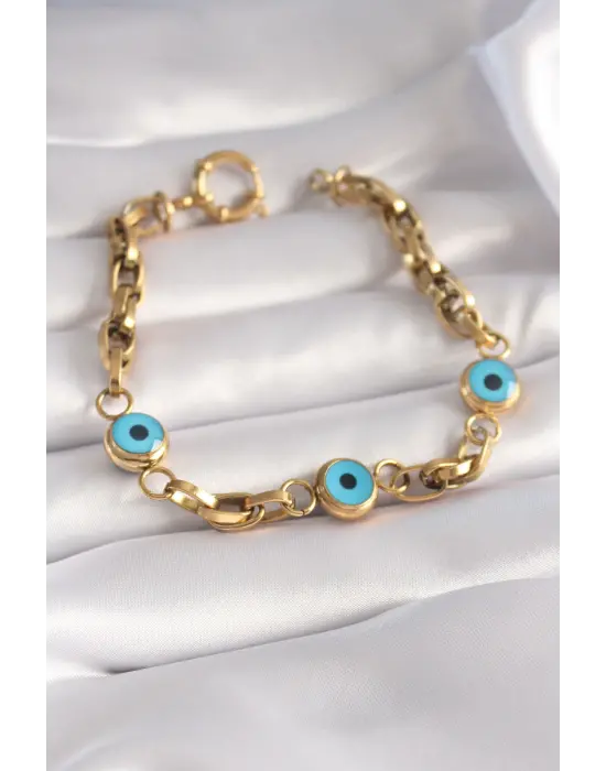 316L Çelik Gold Renk Kalın Zincir Nazar Boncuk Detay Kadın Bileklik