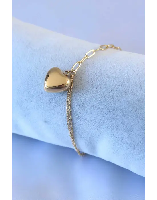316L Çelik Gold Renk Kalp Figür 2li Zincir Model Kadın Bileklik