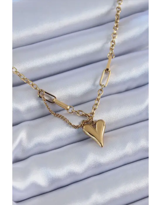  Altın  Kalp Figür  Çelik Kolye