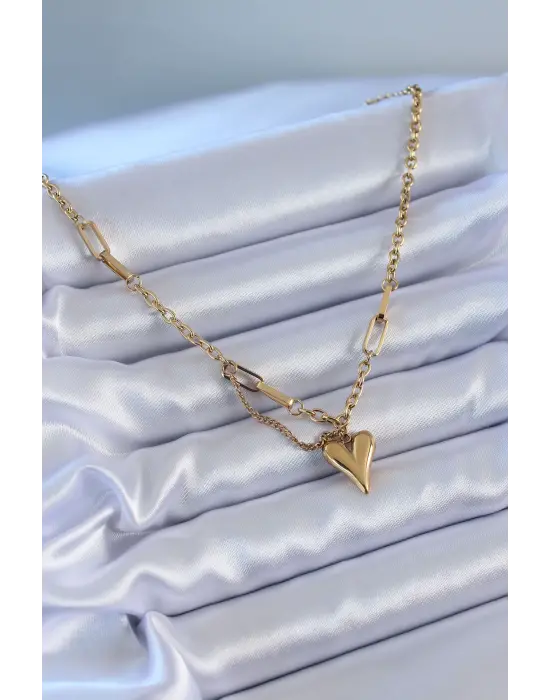  Altın  Kalp Figür  Çelik Kolye