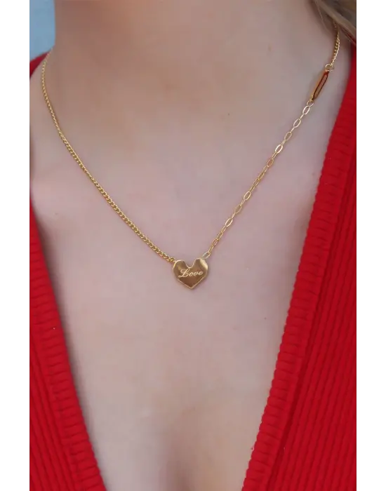  Altın  Kalp Figür Love Yazı İşleme  Çelik Kolye