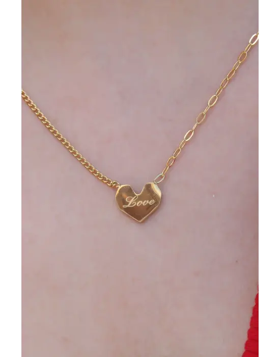 Altın  Kalp Figür Love Yazı İşleme  Çelik Kolye