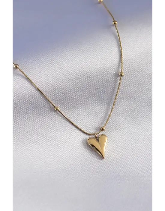  Altın  Kalp Figür Minimal Top Detay  Çelik Kolye