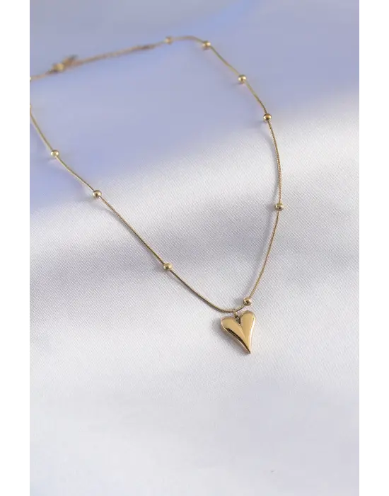  Altın  Kalp Figür Minimal Top Detay  Çelik Kolye