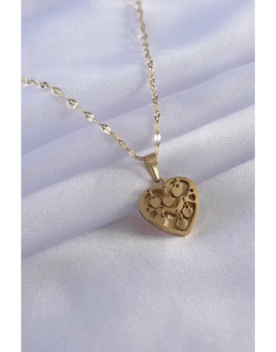  Altın  Kalp Figür Sallantı Kalp Detay  Çelik Kolye