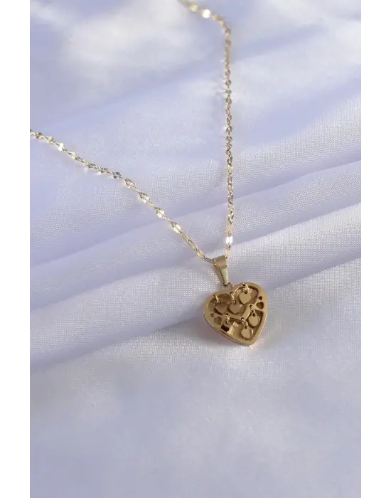  Altın  Kalp Figür Sallantı Kalp Detay  Çelik Kolye