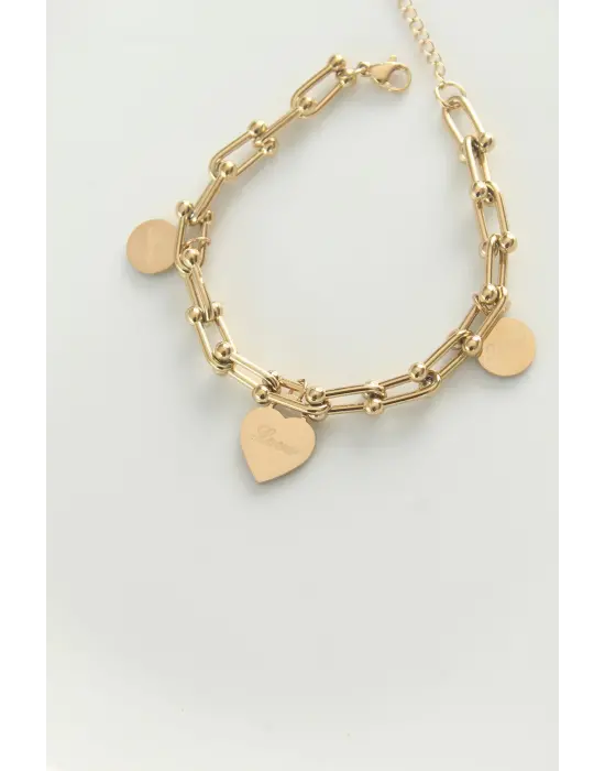 316L Çelik Gold Renk Kalp Figür Tiffany Zincir Bileklik