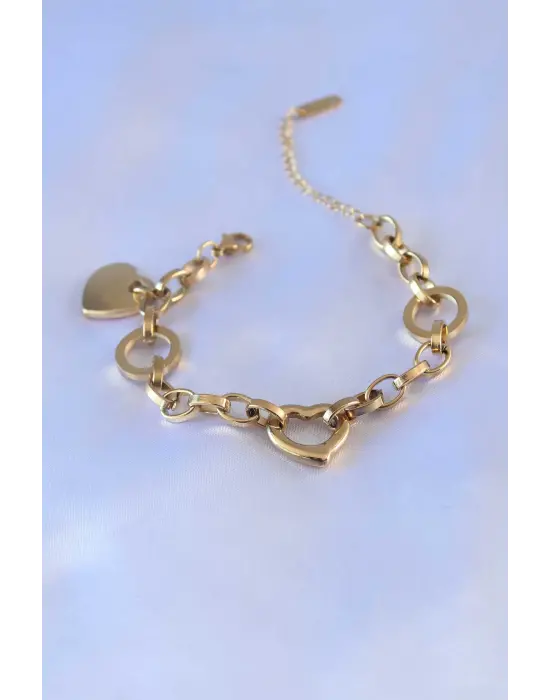 316L Çelik Gold Renk Kalp Figür Zincir Model Kadın Bileklik