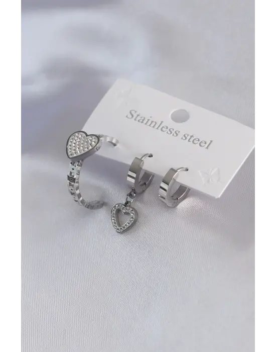 316L Çelik Gold Renk Kalp Figür Zirkon Taş Detay Kadın Küpe Kombini