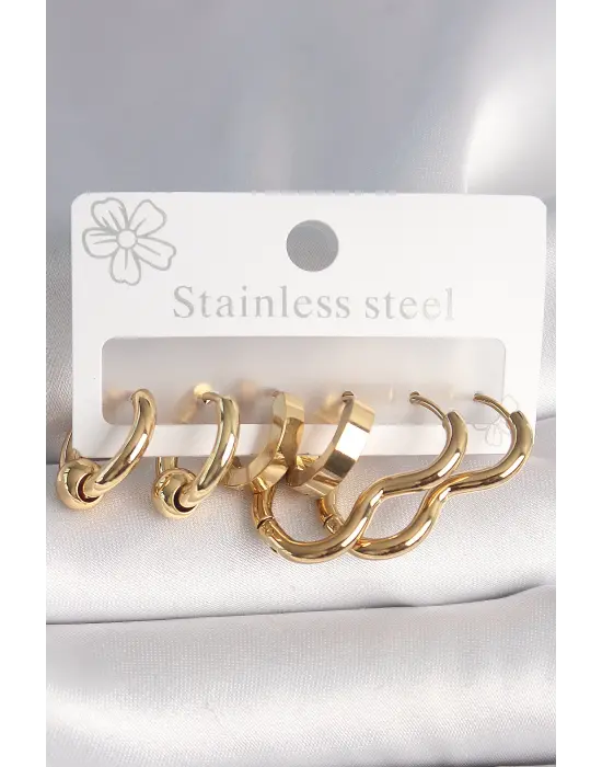 316L Çelik Gold Renk Kalp Halka Model Kadın Küpe Seti