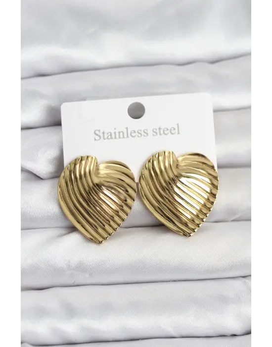 316L Çelik Gold Renk Kalp Model Kadın Küpesi Düz Taşsız