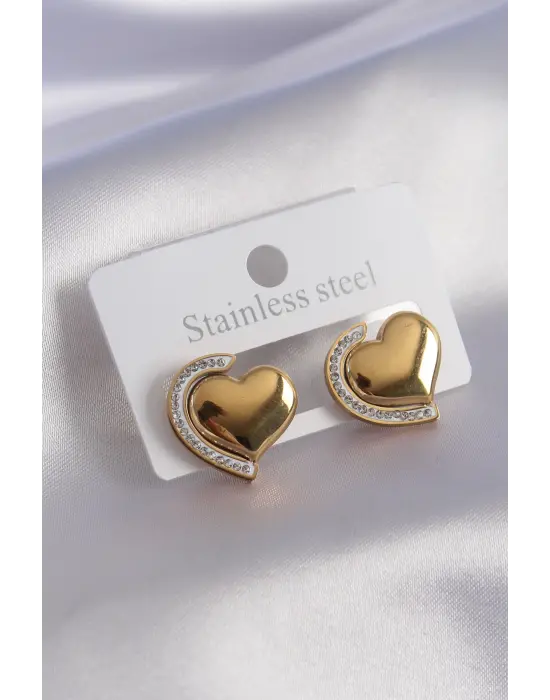 316L Çelik Gold Renk Kalp Model Kadın Küpe