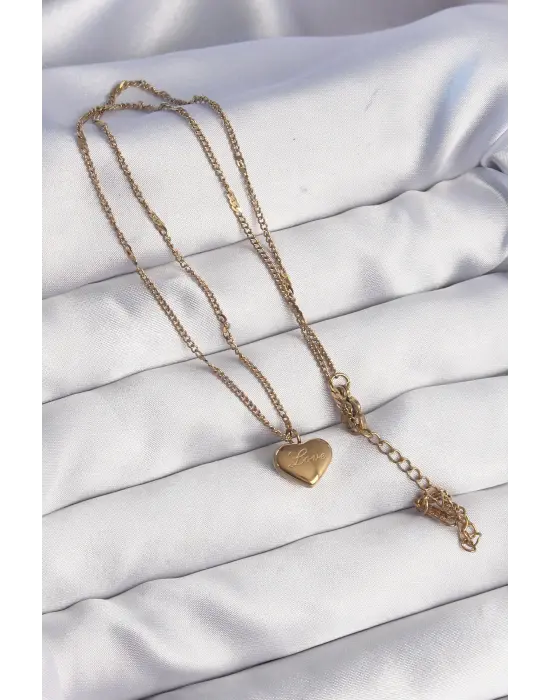  Altın  Kalp Model Love Çelik Kolye