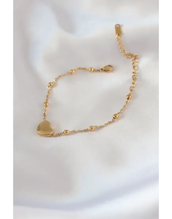 316L Çelik Gold Renk Kalp Model Minimal Top Detay Kadın Bileklik