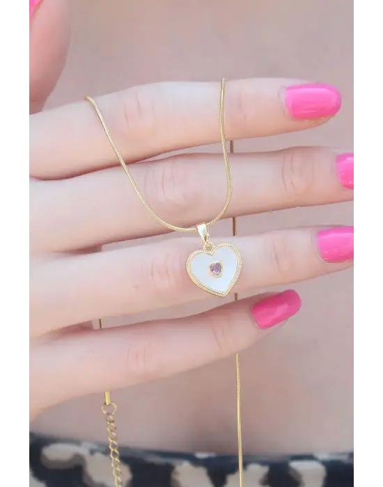 316L Çelik Gold Renk Kalp Model Pembe Zirkon Taş Kalp Detay Kadın Kolye
