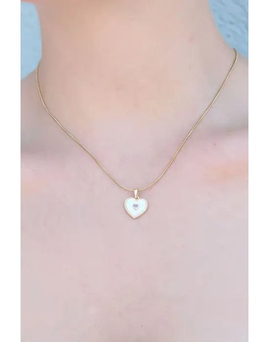 316L Çelik Gold Renk Kalp Model Pembe Zirkon Taş Kalp Detay Kadın Kolye