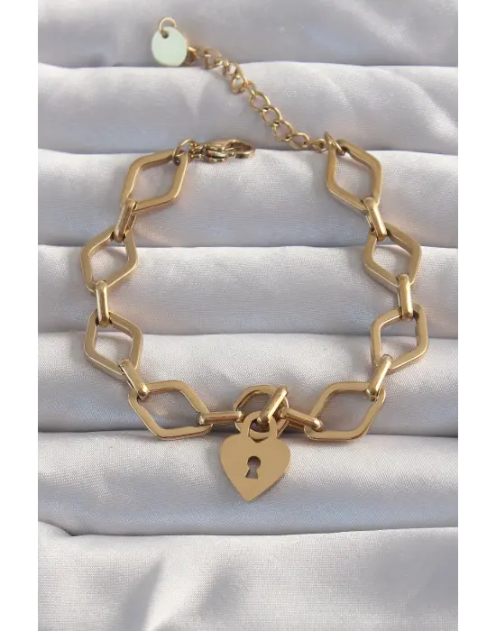 316L Çelik Gold Renk Kalp Model Zincir Bileklik