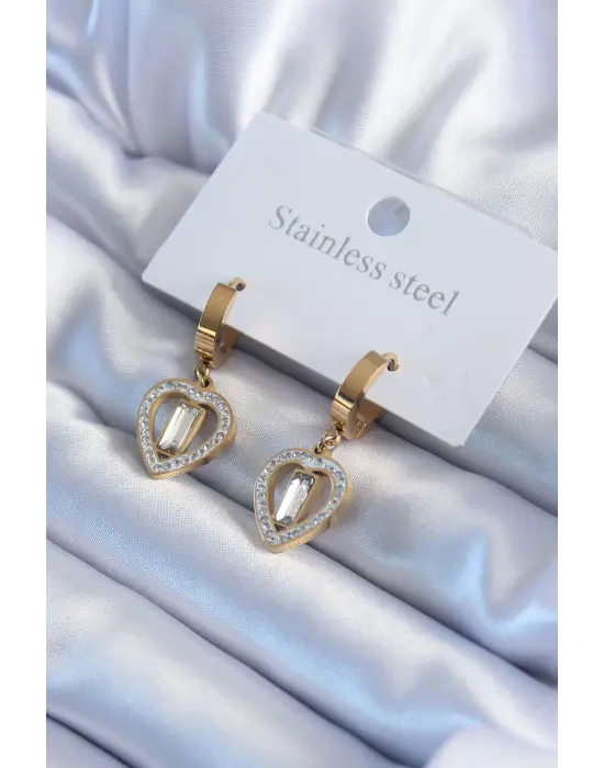   Altın Kalp Model Zirkon Taşlı Çelik Küpe