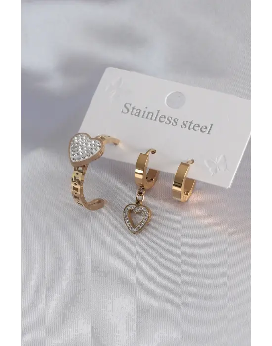   Altın Kalp Model Zirkon Taşlı Çelik Küpe Kombini