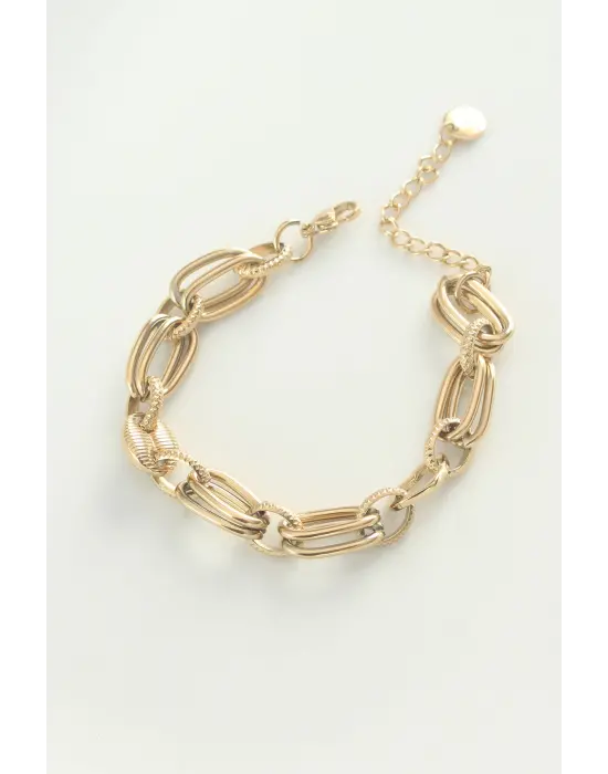 316L Çelik Gold Renk Kalpli Zincir Geçmeli Bileklik