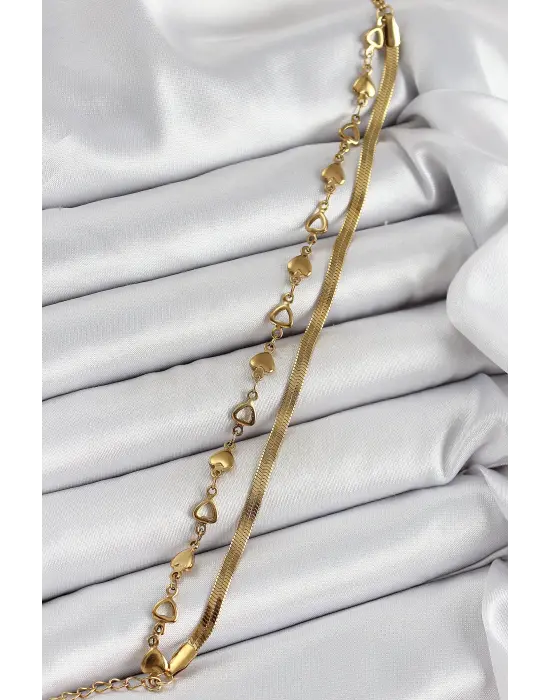 316L Çelik Gold Renk Kalpli Zincir ve İtalyan Zincirli 2li Kadın Bileklik