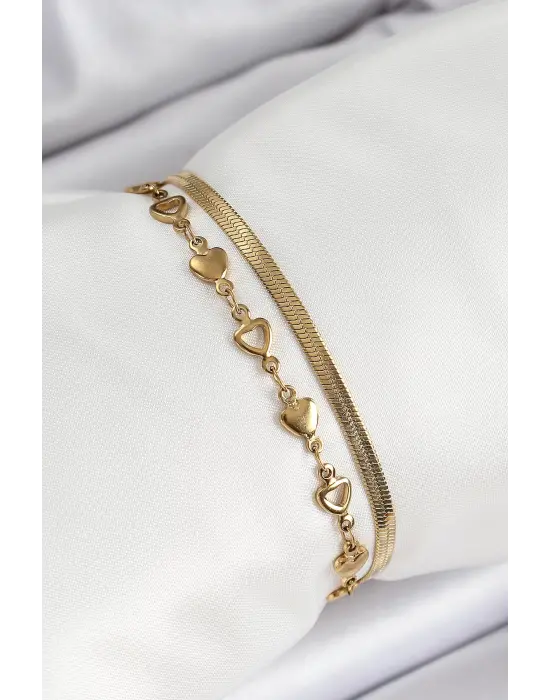 316L Çelik Gold Renk Kalpli Zincir ve İtalyan Zincirli 2li Kadın Bileklik