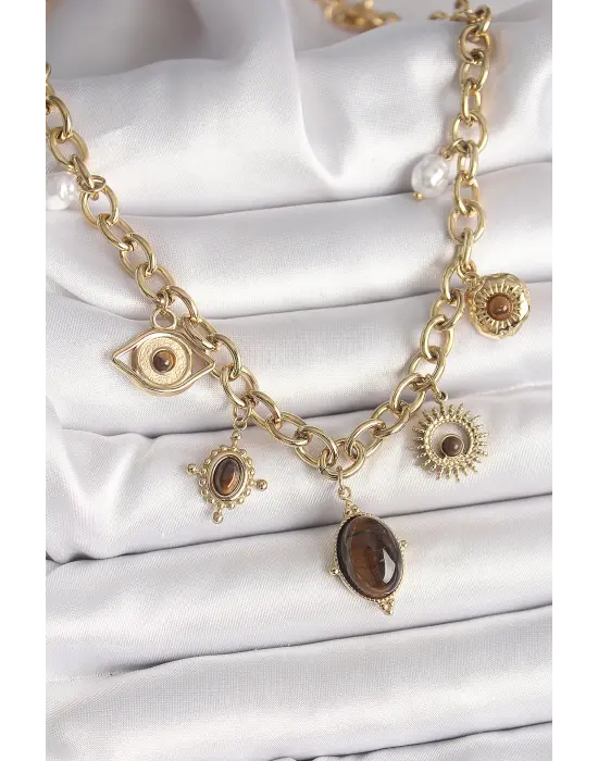 316L Çelik Gold Renk Kaplan Göz Taşlı Göz Figür Kadın Kolye