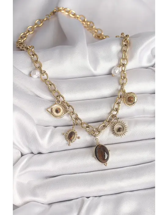 316L Çelik Gold Renk Kaplan Göz Taşlı Göz Figür Kadın Kolye