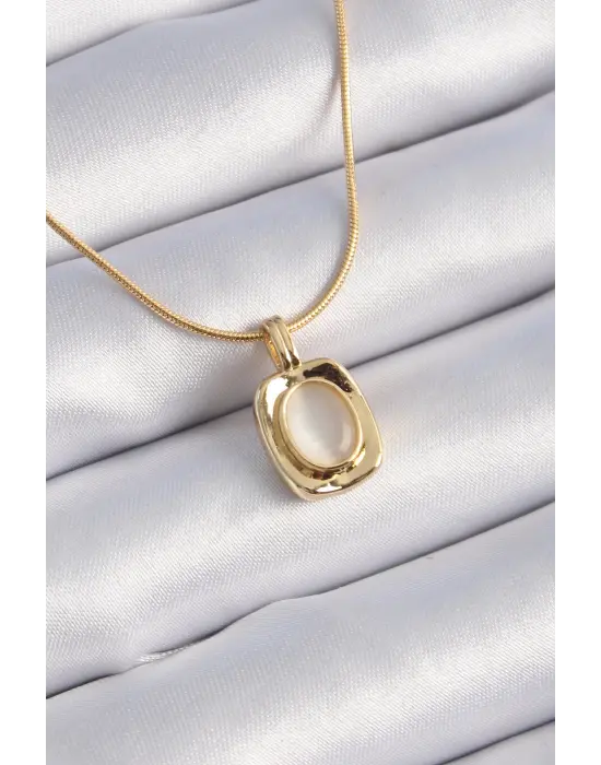  Altın  Kare Beyaz Sedefli Figür Vintage  Çelik Kolye