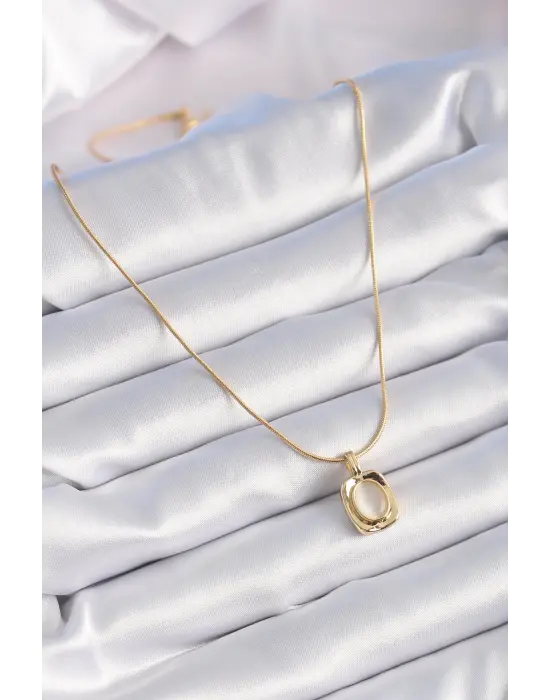  Altın  Kare Beyaz Sedefli Figür Vintage  Çelik Kolye