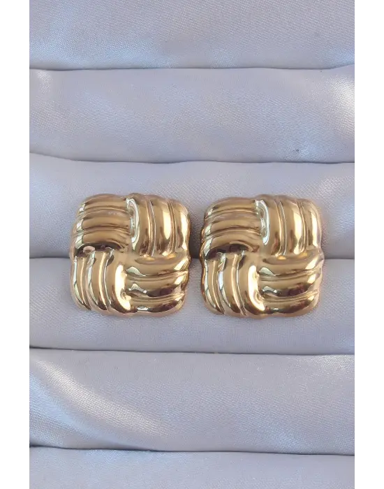   Altın Kare Çizgili Vintage Küpe