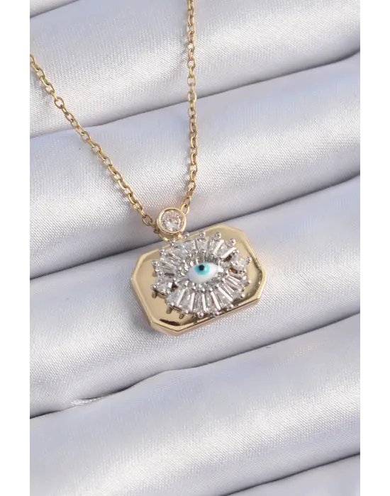  Altın  Kare Gümüş  Zirkon Taş Detay Göz Model Vintage  Çelik Kolye