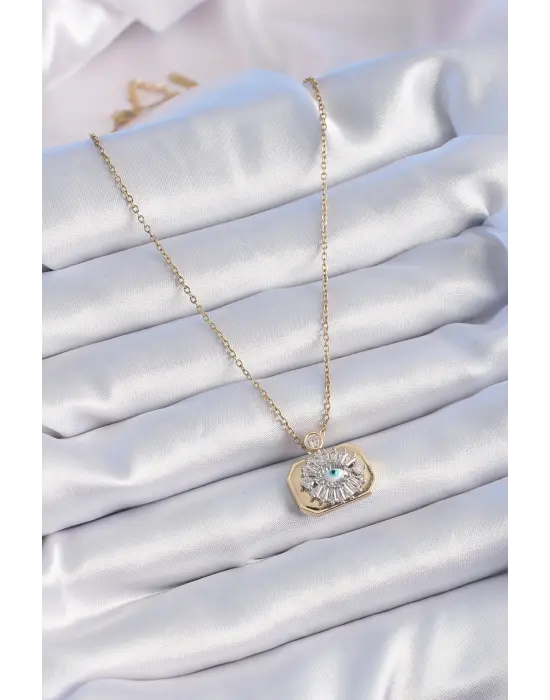  Altın  Kare Gümüş  Zirkon Taş Detay Göz Model Vintage  Çelik Kolye