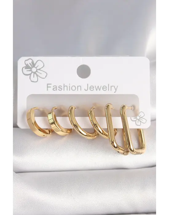 316L Çelik Gold Renk Kare Halka Model Kadın Küpe Seti