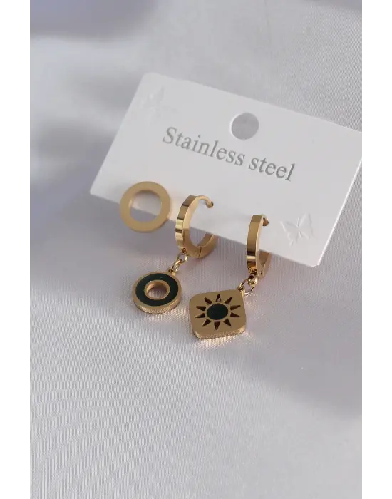 316L Çelik Gold Renk Kare Model Güneş İşleme Kadın Küpe Kombini
