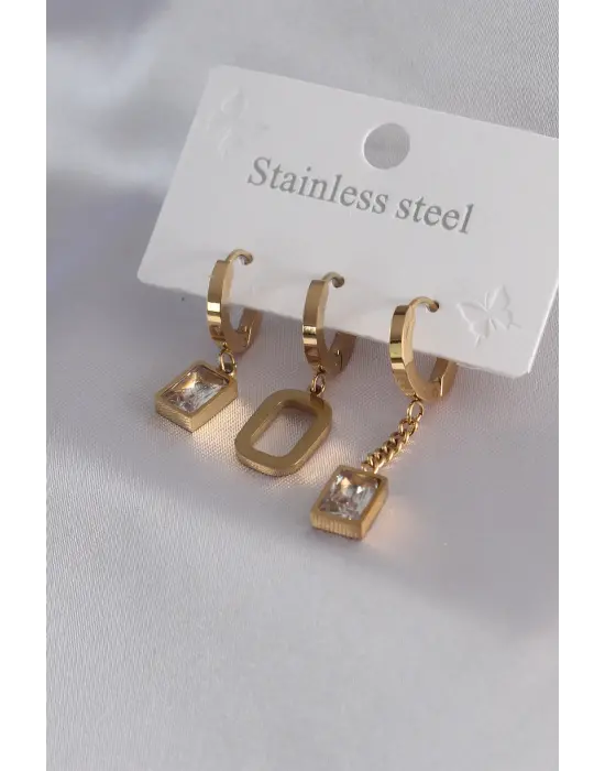 316L Çelik Gold Renk Kare Model Zirkon Taş Detay Kadın Küpe Kombini